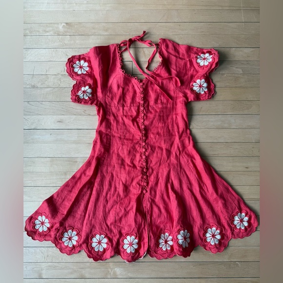 Innika Choo Madonna Phulnan Embroidered 100% Linen Floral Red Tea Dress - Picture 3 of 9